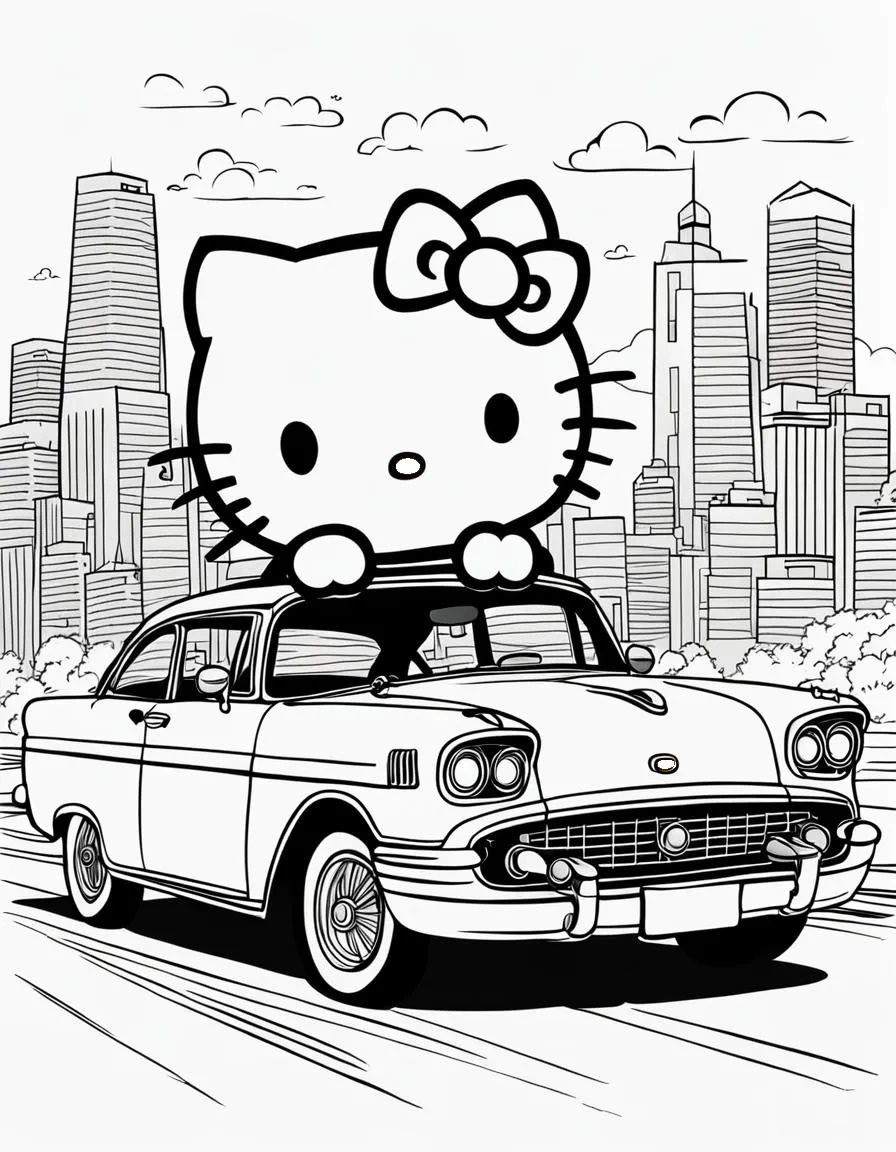 Süße Hello Kitty fährt Auto Ausmalbild zum Ausdrucken