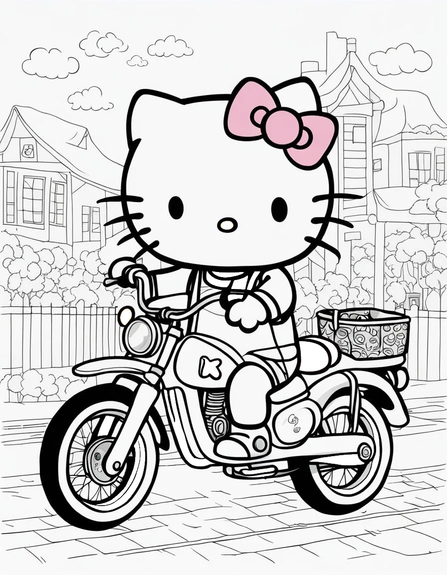 Ausmalbild Kleine Hello Kitty auf einem Motorrad