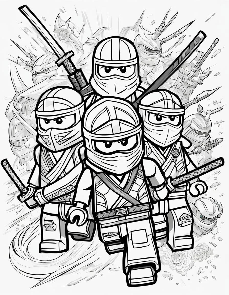 Ninjago Ausmalbild alle Ninjas Kostenlos zum Ausdrucken