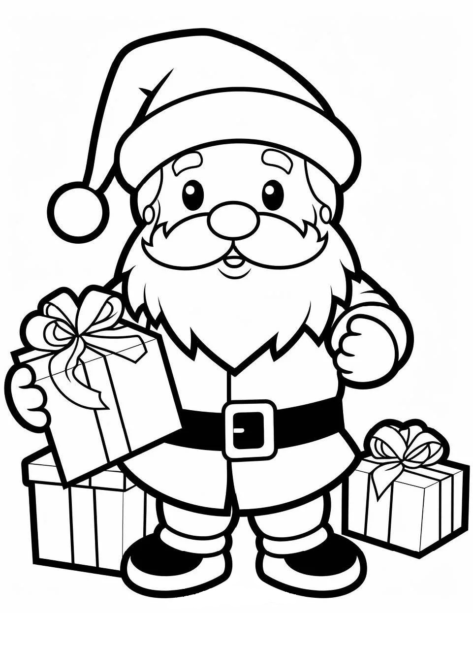 Ausmalbild Weihnachtsmann und Geschenke zum Ausdrucken und Herunterladen