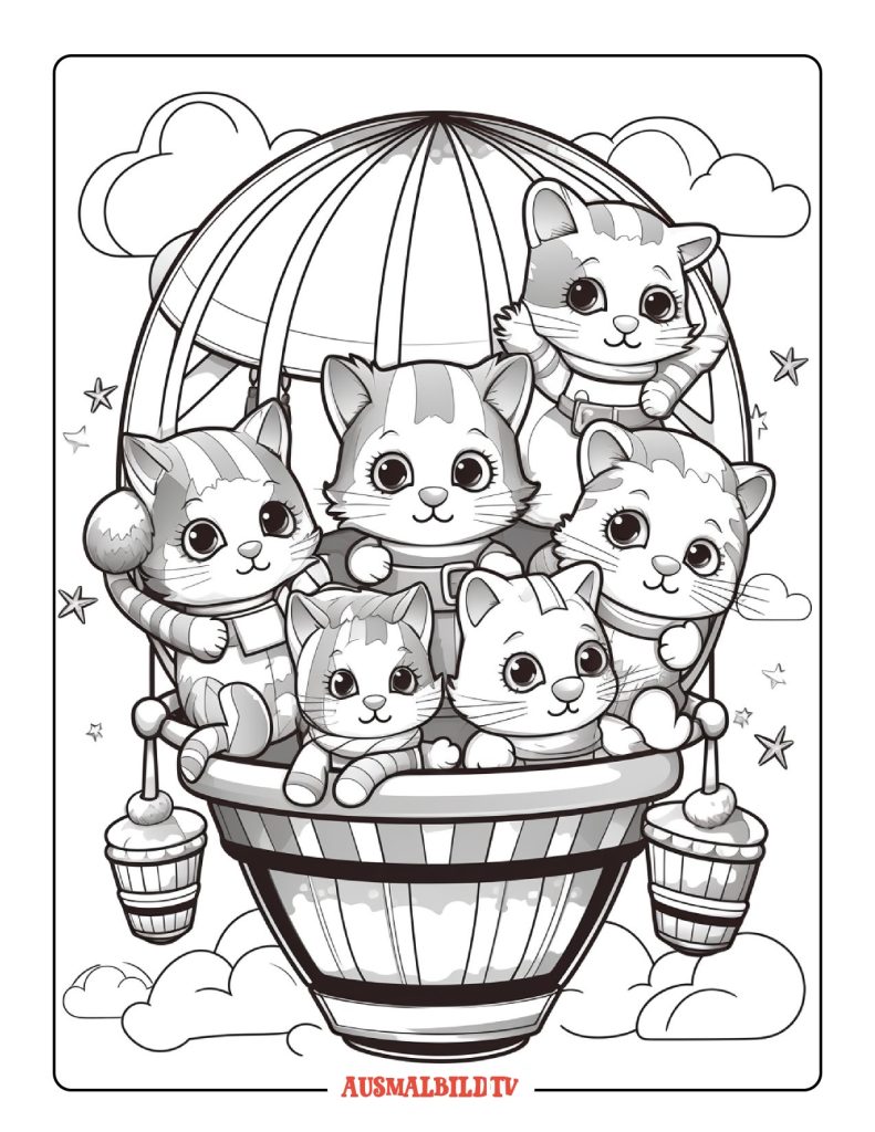 Ausmalbilder Kätzchen und Katzen fliegen in einem Heißluftballon