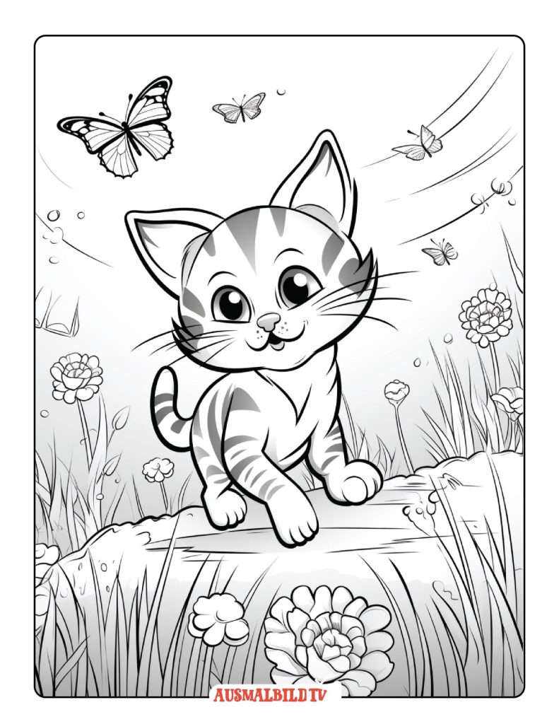 Ausmalbilder Kätzchen spielt mit einem Schmetterling für Kinder