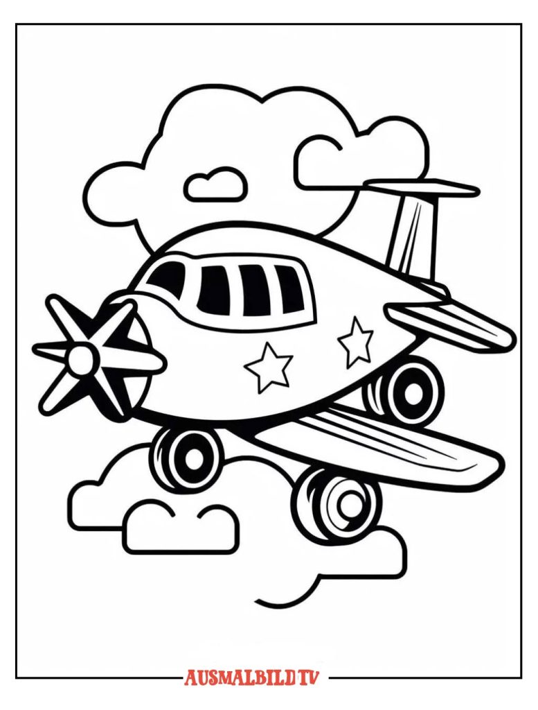 Ausmalbild Flugzeug auf Wolken zum Ausdrucken und Herunterladen