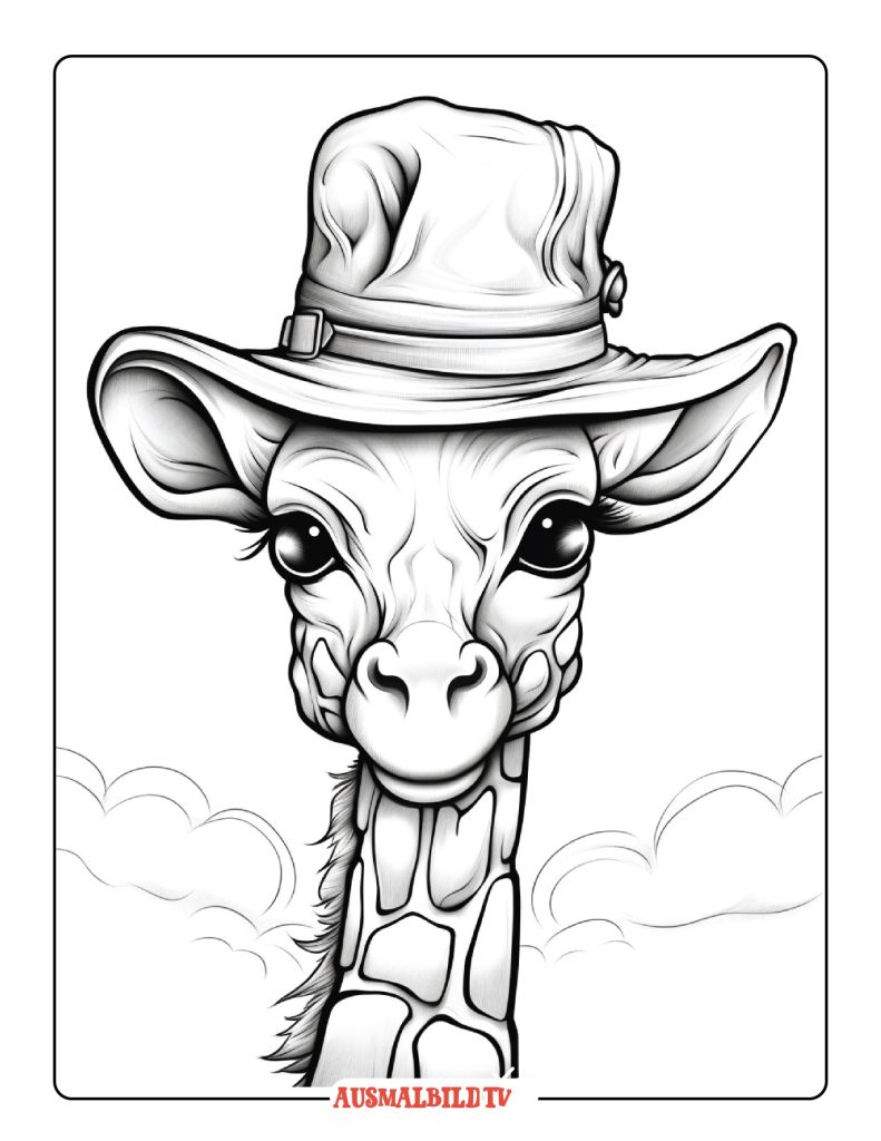 Ausmalbild Giraffe im Hut zum Ausdrucken