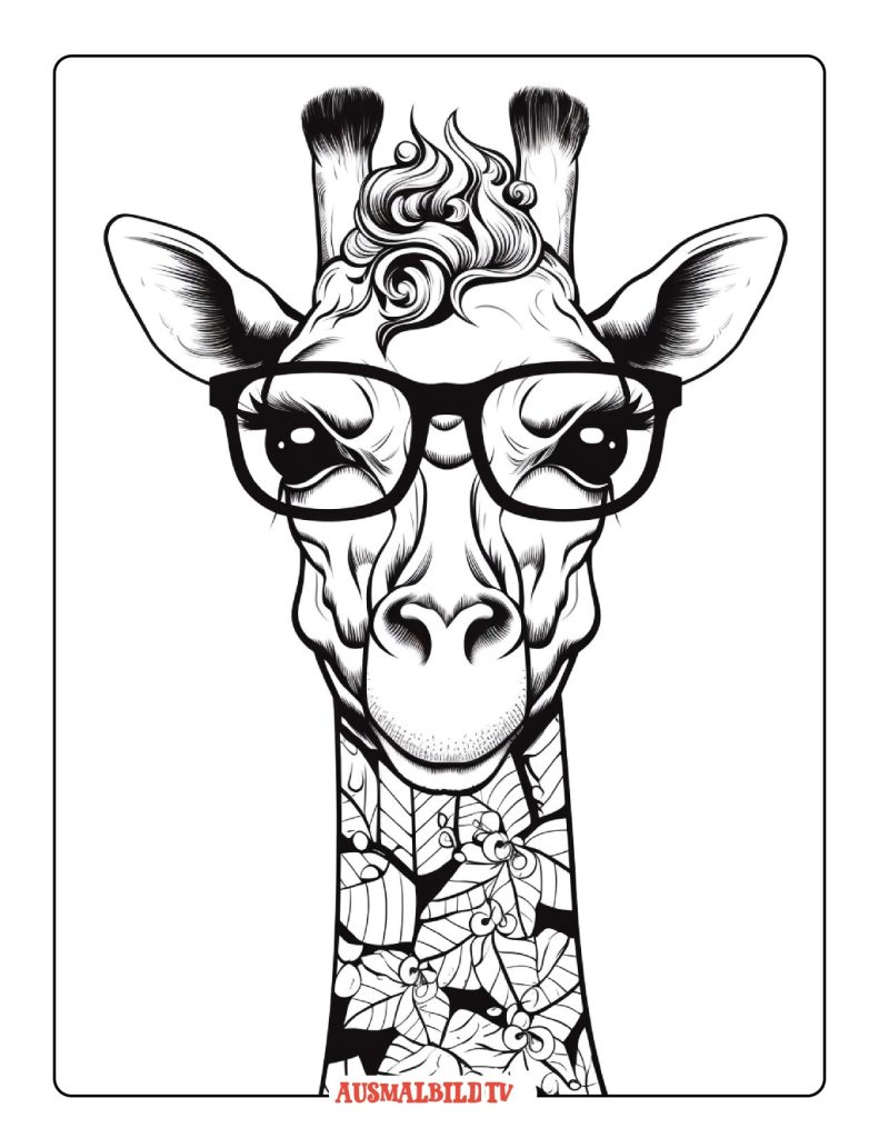 Ausmalbild Giraffe mit Brille zum Ausdrucken und Herunterladen