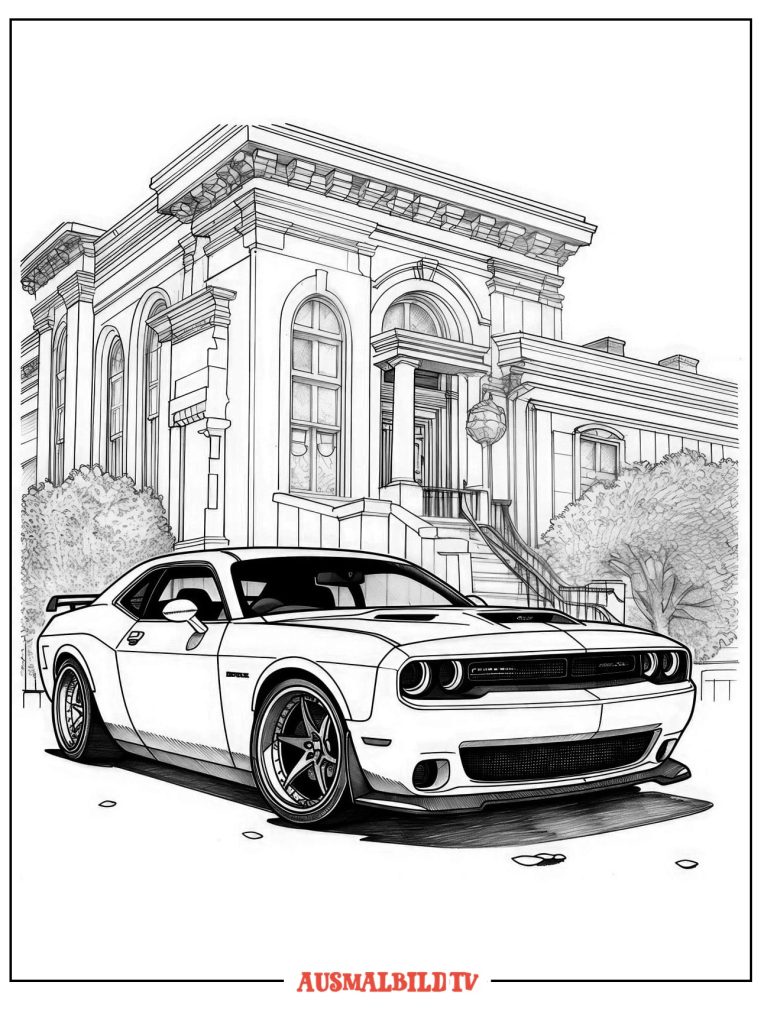 Ausmalbild Dodge Challenger und Mansion Original