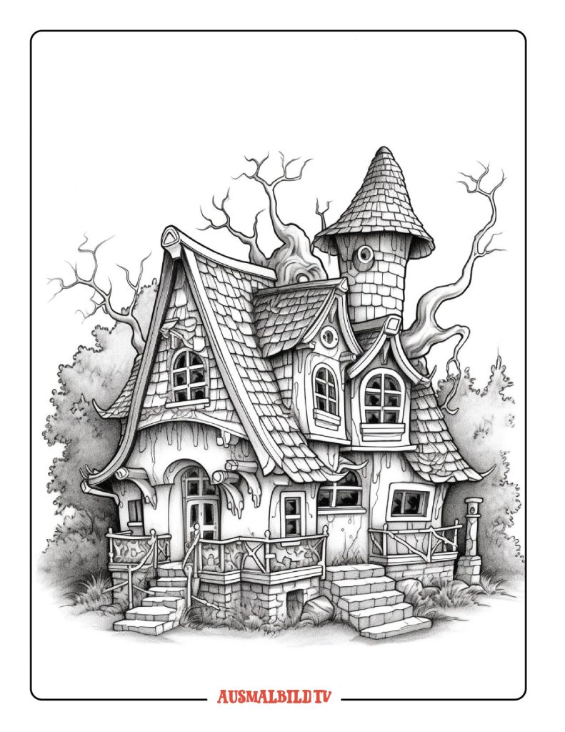 Ausmalbild Halloween Haus für Erwachsene