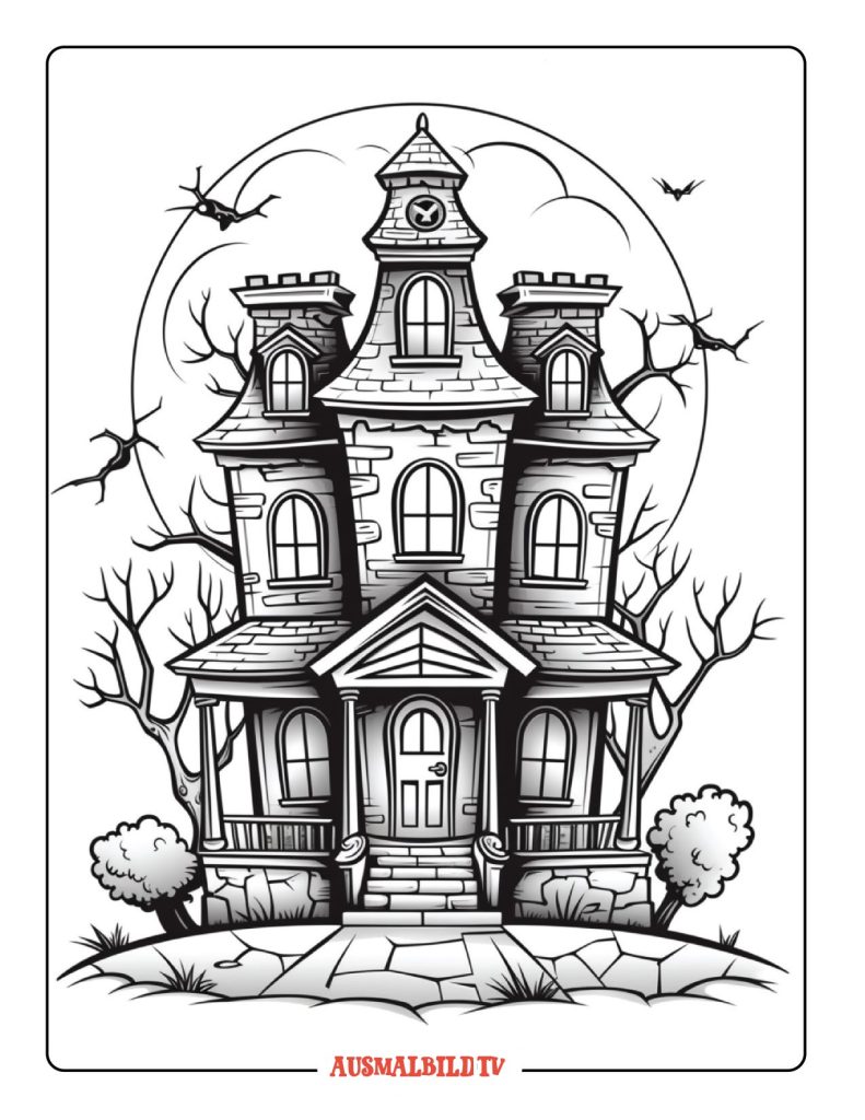 Ausmalbild Halloween mit Hexe Haus