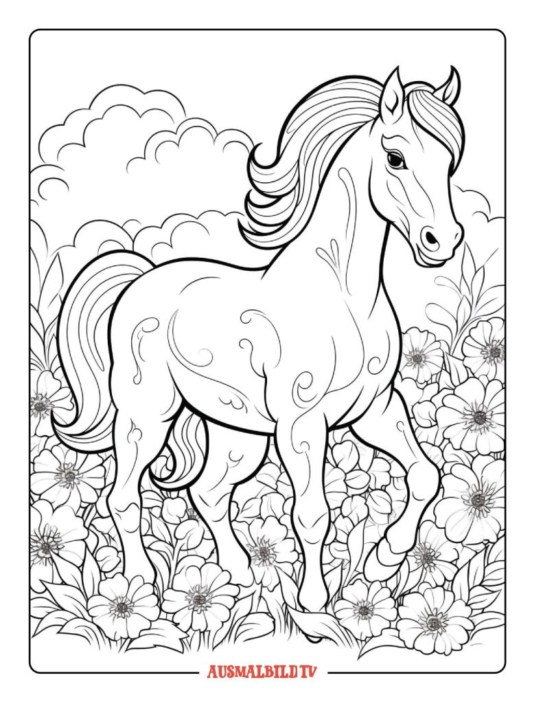 Ausmalbild Pferde mit Blumen für Kinder und Erwachsene
